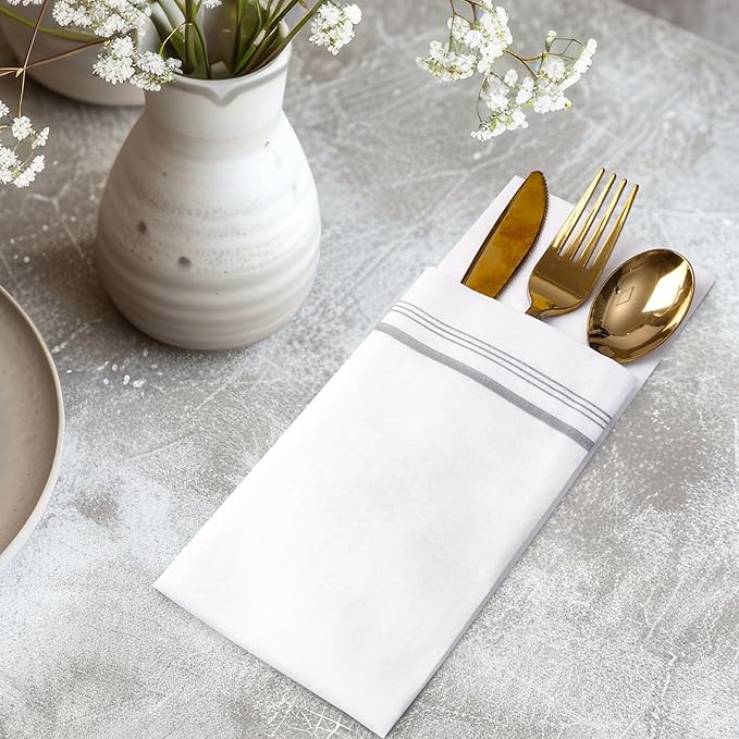 100 Disposable Paper Hand Towels for Bathroom, Linen Feel Guest Towels, Soft and Absorbent Paper Towels Napkins Bulk for Home Dinner Kitchen Wedding, 12" x 17"(Silver Trim Lined)