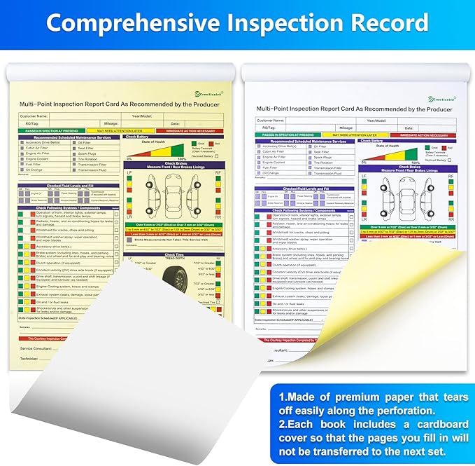 200 Sets Multi-Point Automotive/Vehicle Inspection Report Forms 2-ply Carbonless for Any Make of Vehicle, Inspection Checklist, DOT Compliant, 8-1/2 x 11-3/4”