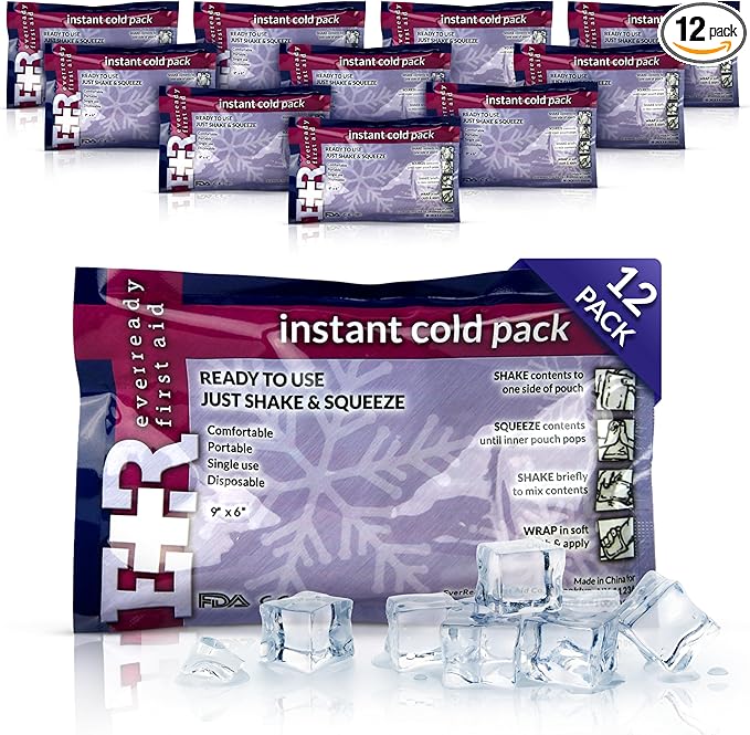 Ever Ready First Aid Disposable Cold Compress – Instant Ice Pack for Injuries, Swelling & Pain Relief – 4.5" x 7" – 12 Pack