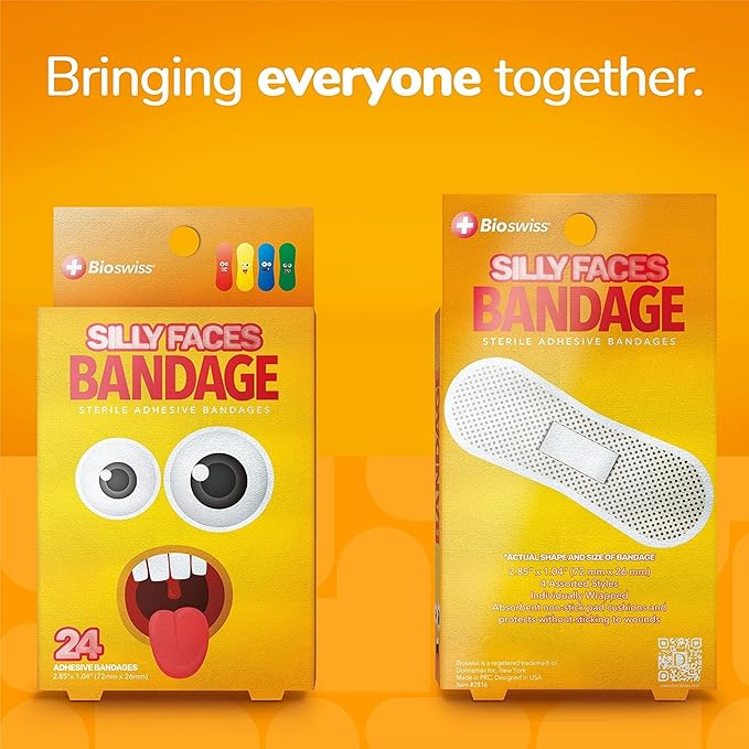 BioSwiss Kids Bandages, Silly Faces Shaped Self Adhesive Bandage Set, Latex Free Sterile Wound Care, 24 Count