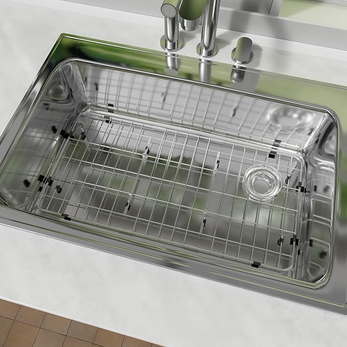 Sink Rack,Large Sink Protectors for Kitchen Sink,28-1/4"X 14-1/4",Stainless Steel Sink Grid for Bottom of Sink,Metal Sink Grate with Strainer,Side Corner Drain for Specific Elkay,1 pack
