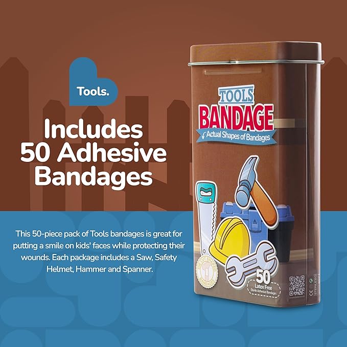BioSwiss Kids Bandages, Tools Shaped Self Adhesive Bandage Set, Latex Free, Sterile Wound Care, 50 Count