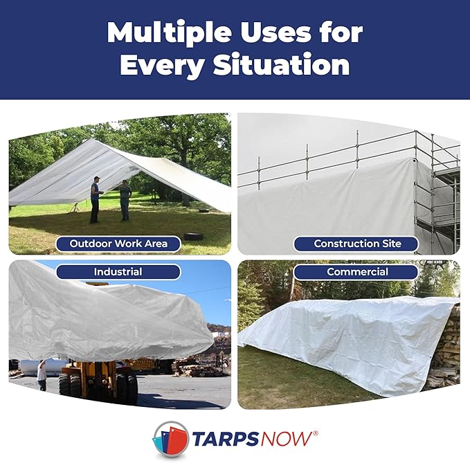 Tarps Now 10x10 Feet Fire Retardant Poly Tarp |12 MIL Heavy Duty Waterproof Cover |Rip and Tear Proof Plastic Tarp with Rustproof Aluminum Grommets & Reinforced Edges |Ideal for Camping - White
