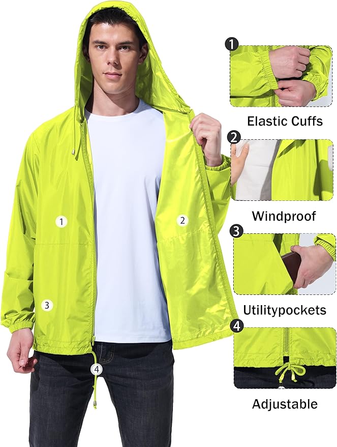 Mens Rain Jacket Raincoat Windbreaker Running Waterproof Lightweight Packable with Hood Travel Hiking Cycling