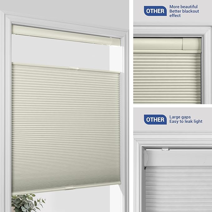 No Drill No Tools Cellular Shades Top Down Bottom Up Blackout Blinds for Windows Cordless Honeycomb Window Shades Easy to Install for Home, Blackout-Beige, Customized Size