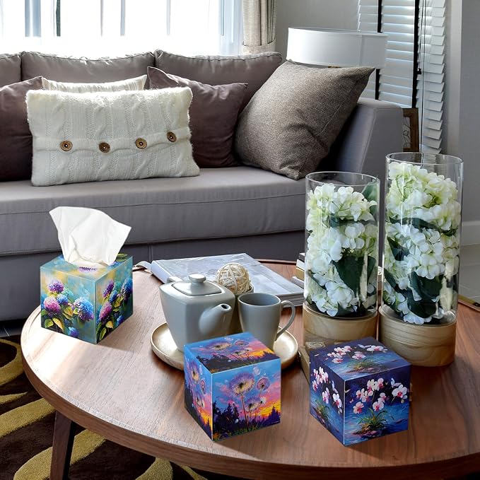 12 Pack Christmas Purple Flowers Facial Tissues Cube Face Boxes 600 Sheets 3 Ply Small Lavender Dandelion Wisteria Mandala Floral Square Tissues Bulk for Xmas Spring Car Bedroom Supplies