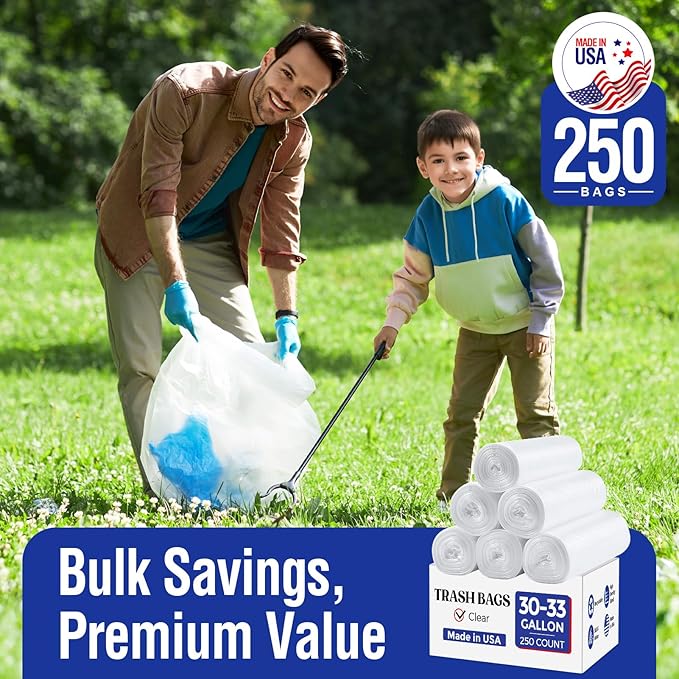 Delxo 30-33 Gallon Clear Trash Bags, 250 Count – Medium Duty Garbage Bags, Thick, Durable & Puncture-Resistant Plastic, Perforated Design– Made in USA for Kitchen, Yard, Office & Party
