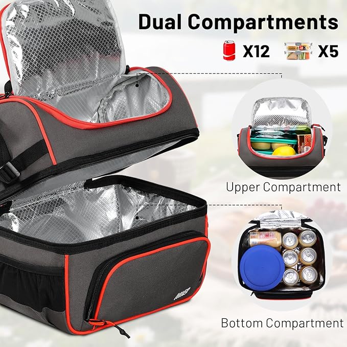 MIER 2 Compartment Lunch Bag Tote with Shoulder Strap for Men and Women Insulated Leakproof Cooler Bag, Grey/Orange