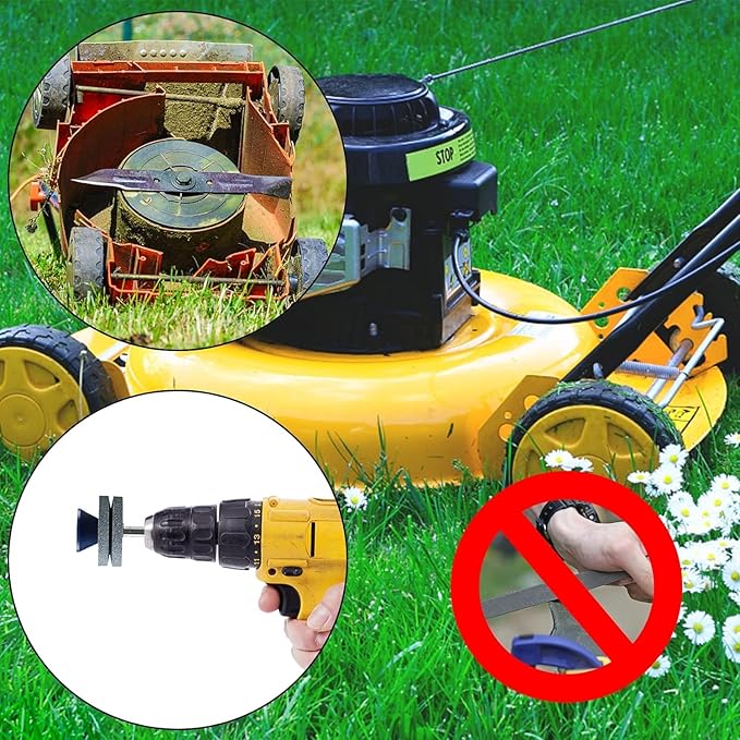 4PCS Lawn Mower Blade Sharpener, Double Layer Corundum Lawnmower Blade Sharpener with Blade Balancer, Universal Wear Resistant Mower Blade Sharpener for Any Power Drill Hand Drill