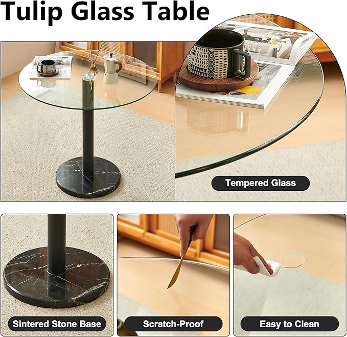5-Pieces Small Round Kitchen Dining Table Set for 4, Contemporary Glass Dining Room Breakfast Table Set with Upholstered Dining Accent Chairs Curved Backrest, Dinette Set for Apartment