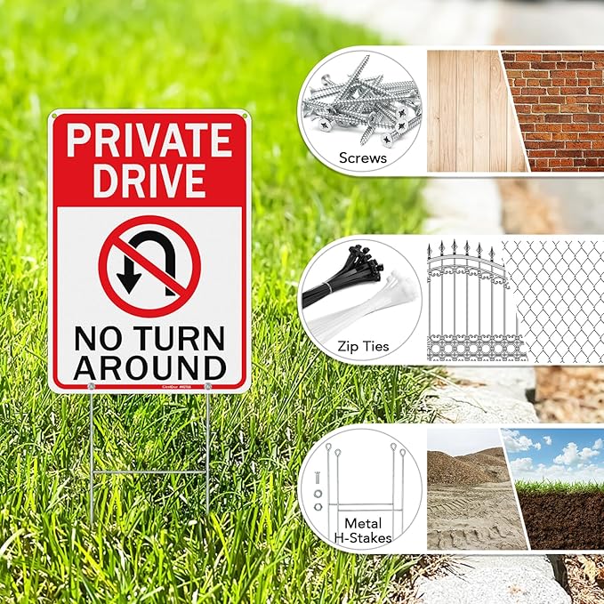 GicnKeuz Private Driveway No Turn Around with metal stake Signs, 14 x 10 Inches Reflective Aluminum Signs, Fade Resistant/Waterproof, Easy to Install, Outdoor Use （2 - Pack）