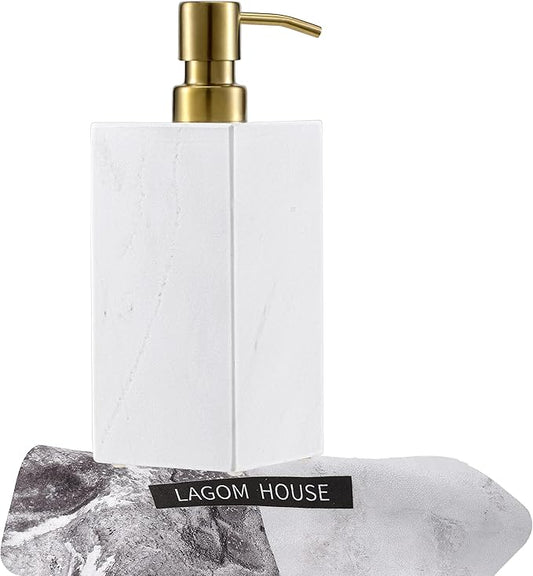 LAGOM HOUSE Marble Soap Dispenser with Gold Stainless Steel Pump top White Italian Natural Stone Marble Liquid Hand Soap Dispenser Decorative Bottle for Kitchen Bathroom Countertop