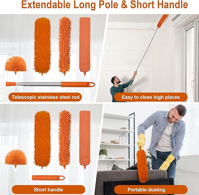 JEHONN Cobweb Duster with Extension Pole 96 inches, 8 PCS Extendable Long Handle Microfiber Feather Dust Remover, Telescoping Dusting Kit for Cleaning High Ceiling Fan, AC Vent House Exterior