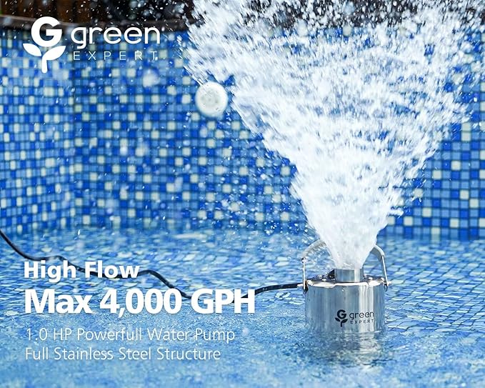 Green Expert 1HP Submersible Sump Pump 4000GPH High Flow Full Stainless Steel 25FT Power Cord Fast Water Drainage for Flood Pool Garden Pond Hot Tub Rain Barrel Heater Flush Household Drain System