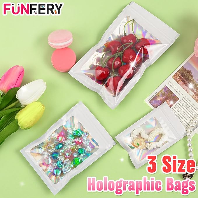 Funfery 300 Pack 3 Size Mylar Holographic Bags with Clear Window,Resealable Bag Smell Proof Foil Baggies Packaging Pouch for Food Storage,Sample,Small Business(White,3x4.7,4x6,4.7x7.9in)