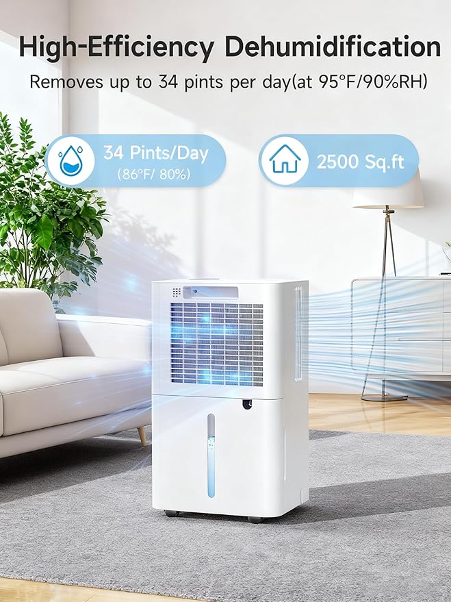 2500 Sq.Ft Dehumidifier for Basement with Drain Hose Max 34 Pints, Dehumidifiers for Home Large Room Bathroom Bedroom, 3 Modes, Smart Humidity Control, Auto Defrost, 24H Timer, Sleep Mode