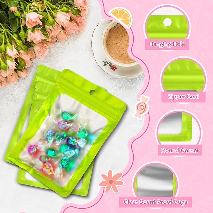FUNFERY 100 Pack Mylar Resealable Bags Foil Packaging Bags with Clear Window,Zipper Pouch Smell Proof Bag for Food Storage,Cookies,Sample,Small Business(Green,4.7x7inch)