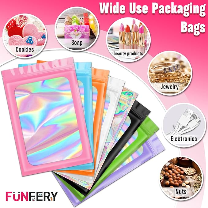 Funfery 300 Pack 3 Size Mylar Holographic Bags with Clear Window,Resealable Bag Smell Proof Foil Baggies Packaging Pouch for Food Storage,Sample,Small Business(Purple,3x4.7,4x6,4.7x7.9in)