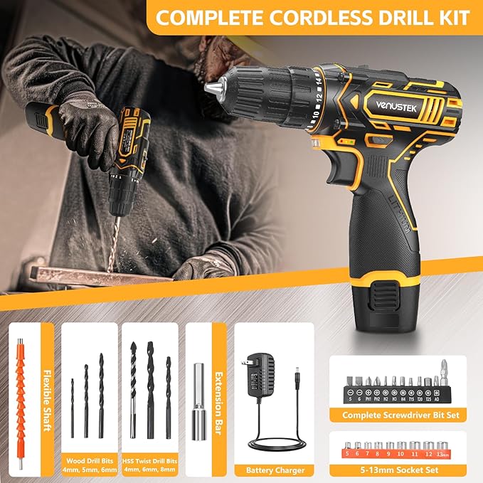Cordless Drill Set 12V Power Drill with Battery and Charger, 2-Speed Electric Drill with 3/8" Keyless Chuck