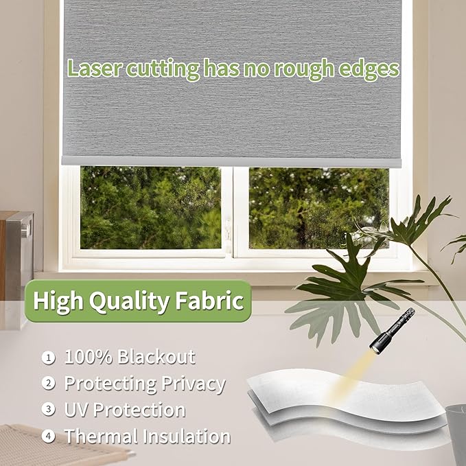100% Blackout Cordless Roller Shades for Indoor Windows, Thermal Insulation & UV Protection Grey Customize