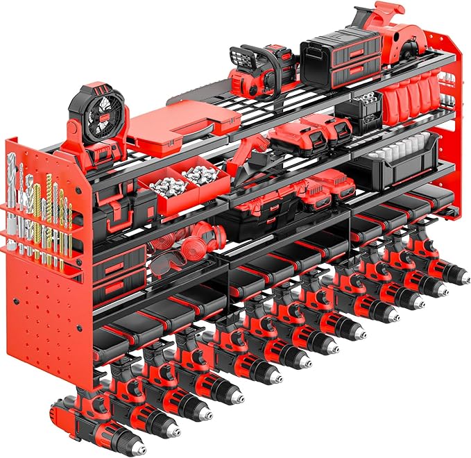 Large Power Tool Organizer Wall Mount-12 Drill Holder, Metal Heavy Duty Garage Tool Storage Shelves with Screwdriver Plier Holder, Gifts Idea for Men Dad Husband