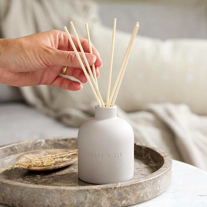 Craft & Kin Christmas Reed Diffuser for Home & Bathroom – Rose & Oud Holiday Reed Diffuser Set with Fragrance Sticks, Long-Lasting Alcohol-Free Scent, Earthenware Collection, 6.7oz