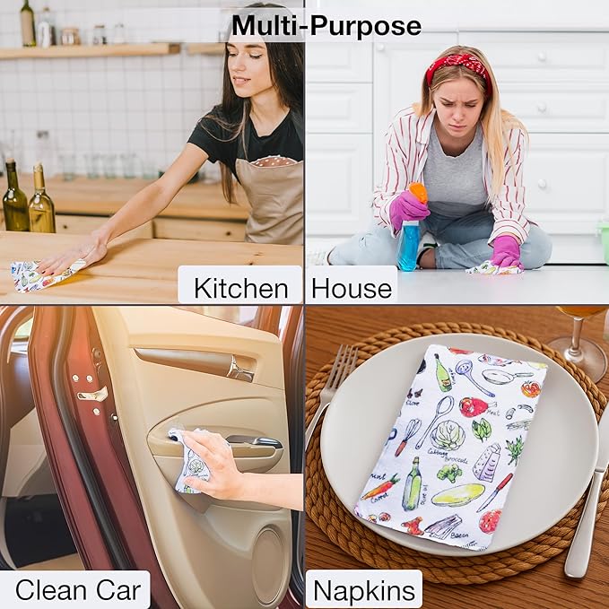 Pack of 10 Reusable Paper Towels | 10x10 Inch Cotton Towels | Kitchen Utensils Print | Eco Friendly, Washable, Quick Drying | Sustainable Cleaning Cloths | Kitcheny