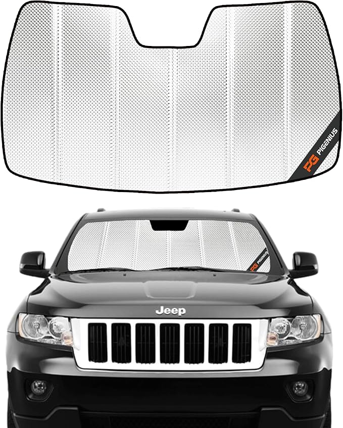 Windshield Sun Shade for Jeep Grand Cherokee 2011-2013 Without Rearview Mirror Mounted Camera. Reflective Aluminum Film Front Window Sunshade - BLAZBLOCK