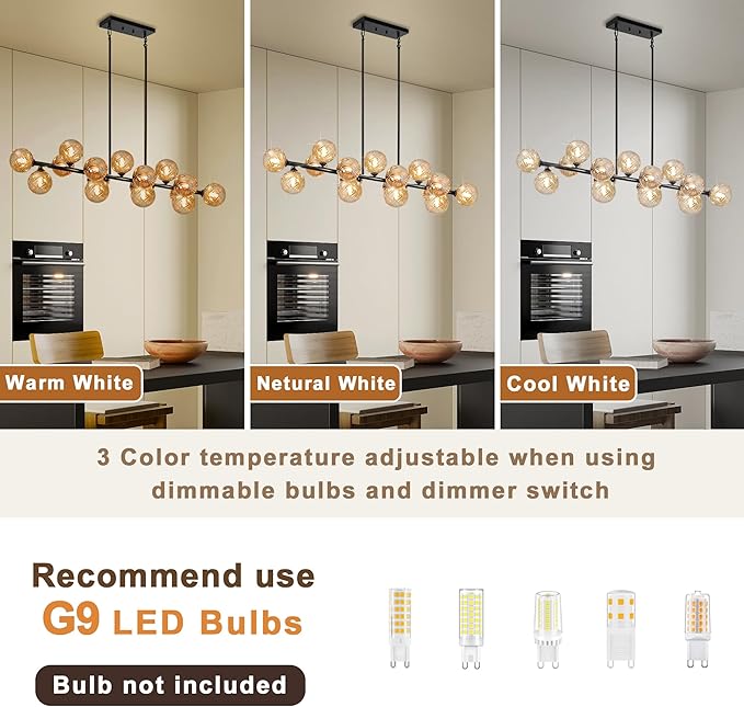 Dining Room Light Fixture, 55" Modern Chandelier Linear Sputnik Chandeliers with Amber Swirled Globe Farmhouse Chandeliers for Dining Room Kitchen island 16 Lights Large Chandelier for High Ceiling