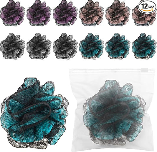 12 Pcs Travel Size Loofah Individually Wrapped, Small Shower Puff Bath Sponge Pouf Ball Bulk Mesh Bath Puff Mini Loofah Sponge with Case Bulk for Shower Care (25g,Fantasy)