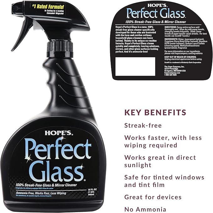 HOPE'S Perfect Glass Cleaner Spray, Streak-Free, Ammonia-Free Window, Mirror, Screen, Tinted Glass, and Shower Door Cleaner, Indoor and Outdoor Glass Surfaces, 32 Fl Oz, Pack of 12