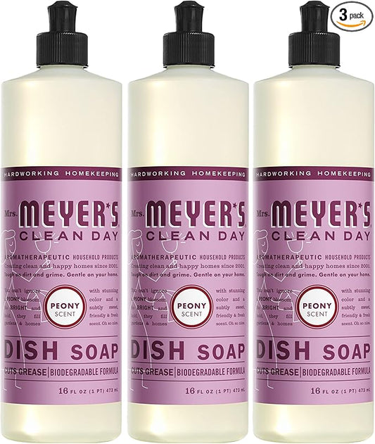 MRS. MEYER'S CLEAN DAY Liquid Dish Soap, Biodegradable Formula, Peony, 16 Fl. Oz - Pack of 3