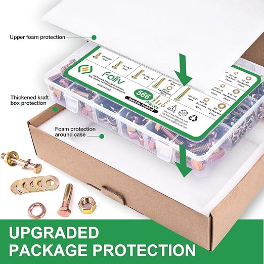 FOLIV 566Pcs Heavy Duty Bolts and Nuts Assortment Kit, Grade 8 Hex Screws Bolts Nuts Kit, 1/4-20 5/16-18 3/8-16, 15 Common Sizes Included