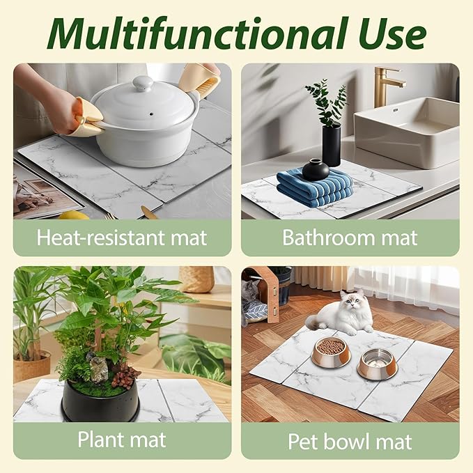 Large Stone Drying Mat for Kitchen Counter, 24"x16" Collapsible Quick Dry Dish Drying Mat, Water-Absorbent Marble Diatomaceous Earth Mats for Bottles Cups Dishes, Match Any Countertop