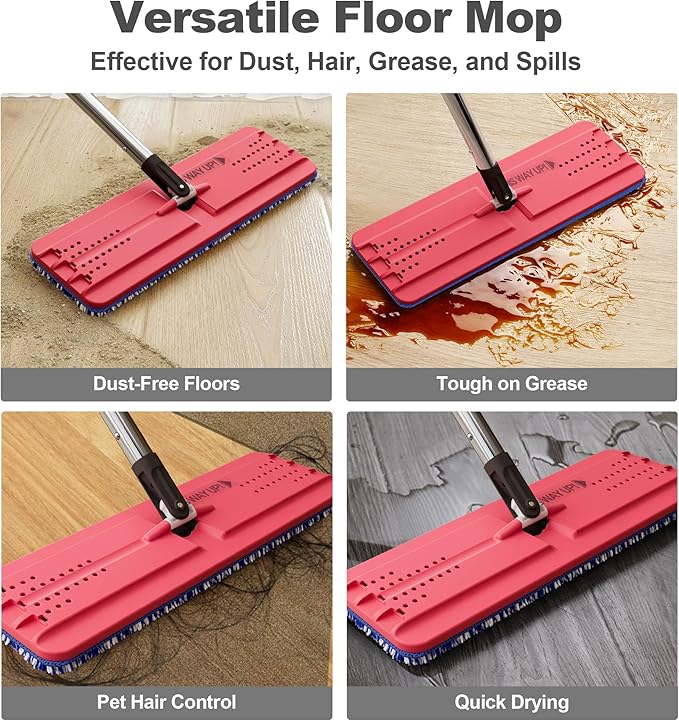 JOYMOOP Flat Mop, Microfiber Mops for Floor Cleaning and Wall Cleaner, 60" Long Handle with Flexible 13" Flat Head with a Microfiber Mop Pad - Black & Red