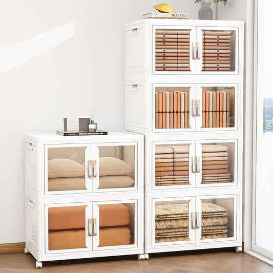 Large Clear Stackable Storage Bins with Lids, Foldable Storage Cabinet for Closet Organizers and Storage, Plastic Storage Box with Wheels 942 QT