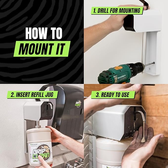 Grip Clean 4 Pk Combo – Hand Cleaner for Mechanics with Wall-Mounted Soap Dispenser + 2 Gallons Heavy-Duty Liquid Pumice Hand Soap, Natural Clay & Coconut Oil for Auto Mechanics, Industrial, & Garage