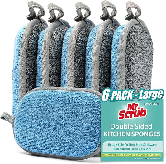 All-Purpose Sponges Kitchen, Non Scratch Dish Sponge for Washing Dishes Cleaning Kitchen, Rough Scrubbers Side for Non-Stick Cookware, Soft Microfiber Scrub Side for Dishes（6 Pack, Large）