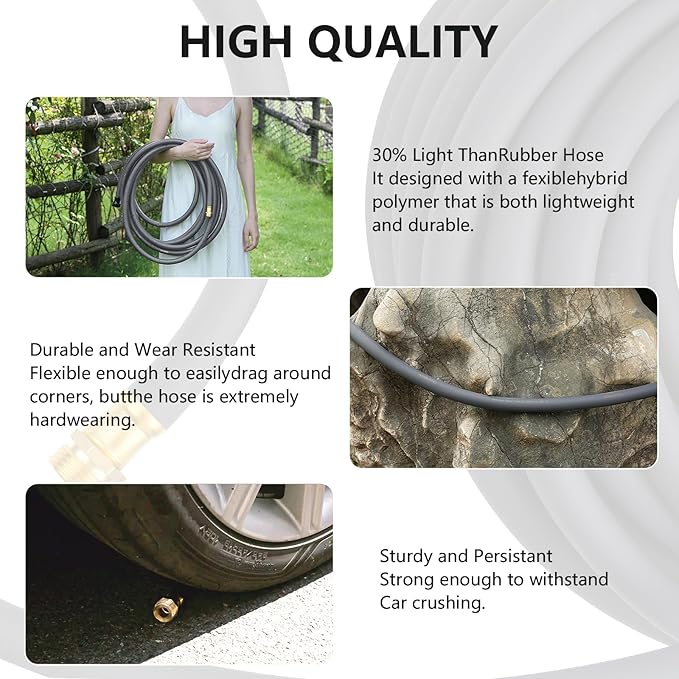 Garden Hose 5/8" x 75ft - No-Kink Flexible Water Hose 600 PSI Burst Pressure, Lightweight & Durable for Yard, Car Wash, Pets Gray