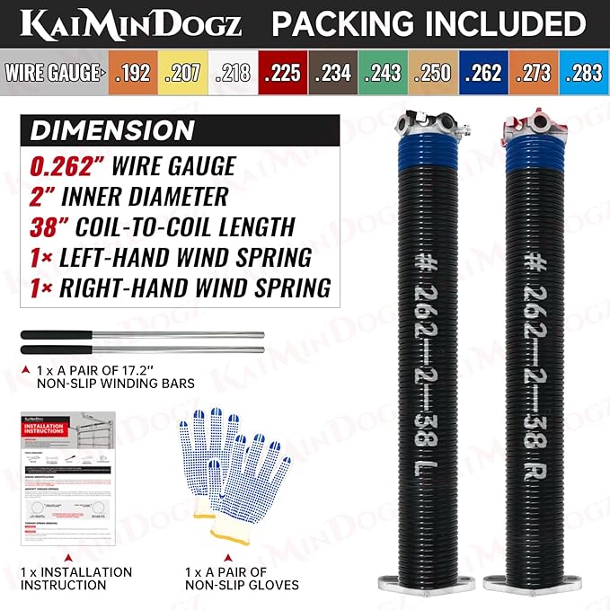 Pair of 2" Garage Door Torsion Springs Set with Non-Slip Winding Bar & Gloves,High Precision Electrophoresis Black Coated, for Replacement & Installation, MIN 16,000 Cycles (0.262x2''x38'')