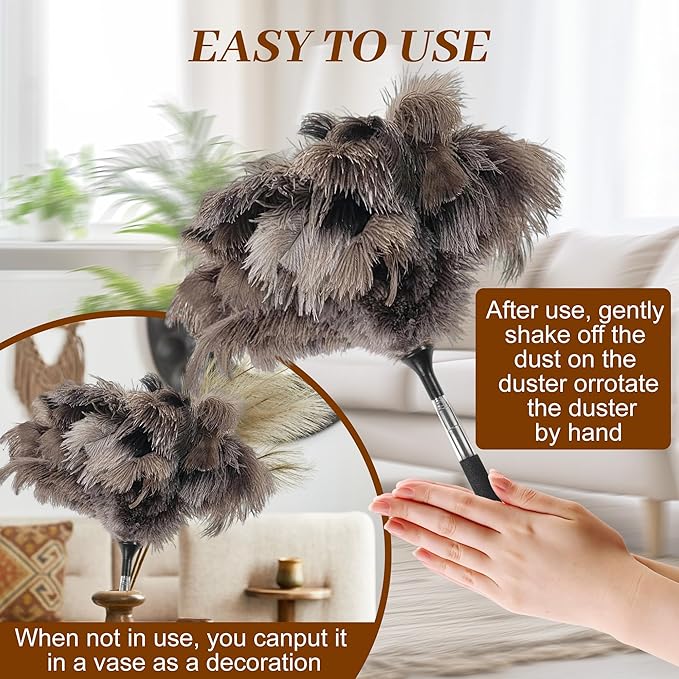 40 inches Extendable Ostrich Feather Duster, Fluffy Long Handle Reusable Duster for Cleaning Ceiling Fans, Pendant Lamps, High Ceilings, Blinds, and Furniture