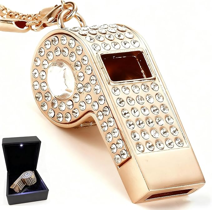 PCTC Shining Whistle,Crystal-Encrusted Metal Whistle with Decorative Chain Great for Referees, Coaches Party and Gift Accessory[Gold Exterior]