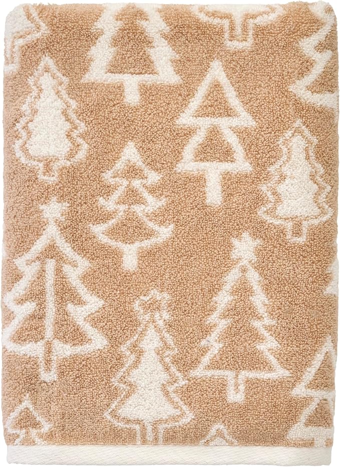 SKL Home Christmas/Winter Mod Tree 100% Cotton Premium Bath Towel, 500 GSM, Soft & Absorbent, Reversible Jacquard, Decorative, Tan