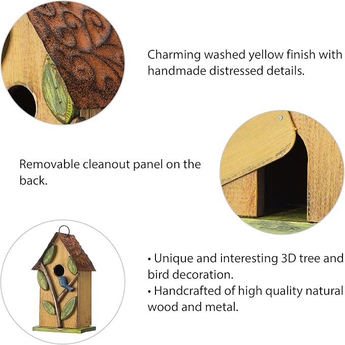 Glitzhome 9.7" H Hanging Birdhouse for Outdoor Patio Garden Decorative Pet Cottage Distressed Wooden Birdhouse, Leaves Rustic Yellow