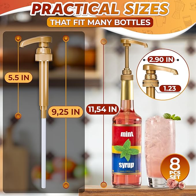 8 PCs Coffee Syrup Pumps - 9.25" Closed/11.54" Open Coffee Syrup Dispenser Pump - Fits Many 25.4 oz Bottles, Precise Dispensing, Lockable Mechanism, Easy to Use & Clean | Works with Liquids & Pastes