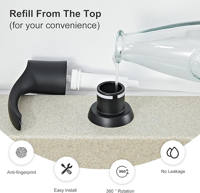 GAGALIFE Kitchen Sink Soap Dispenser with Large Bottle, Built in Sink Soap Dispenser Refill from Top, Matte Black G080B