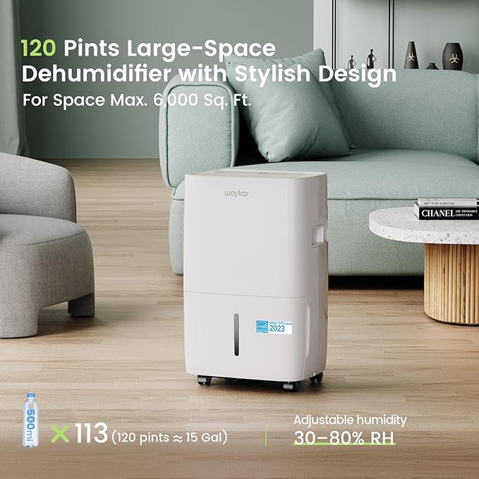 Waykar 120 Pints Energy Star Dehumidifier for Spaces up to 6,000 Sq. Ft at Home, in Basements and Large Rooms with Drain Hose and 1.14 Gallons Water Tank