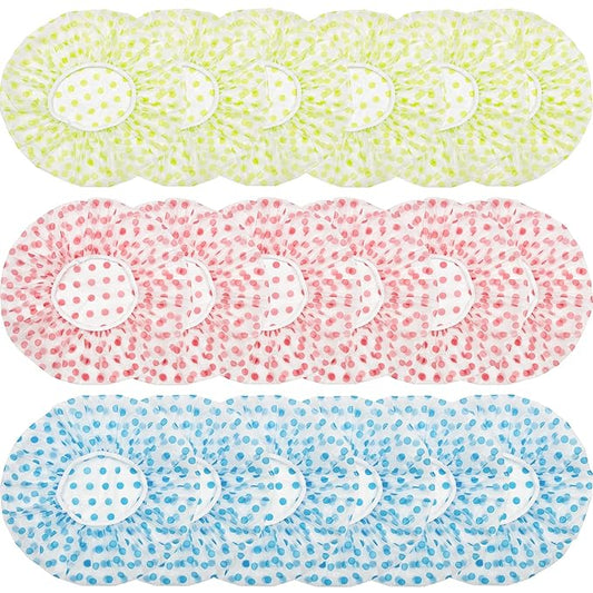 18Pcs Plastic Shower Caps for Women Reusable Waterproof Bath Caps Bathing Hair Cap Shower Caps for Shower,Spa,Salon,Housework,Girls,Home,Travel (Pink+Blue+Green)