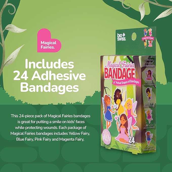 BioSwiss Kids Bandages, Magical Fairies Shaped Self Adhesive Bandage Set, Latex Free, Sterile Wound Care, 24 Count