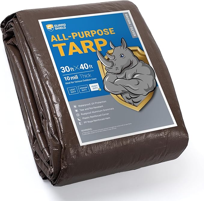 GUARD SHIELD Tarps Heavy Duty Waterproof 30x40 Feet Brown/Silver Poly Tarp Cover Outdoor Thick UV Resistant Tarpaulin with Grommets 10mil